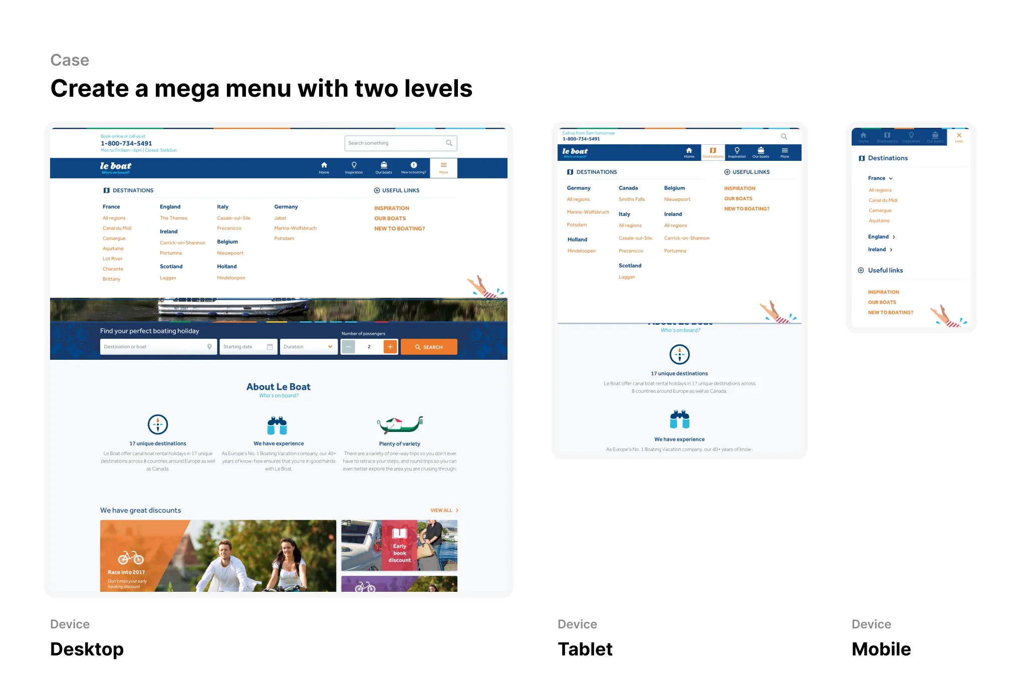 LeBoat — Case 1: Responsive mega menu with 2 levels