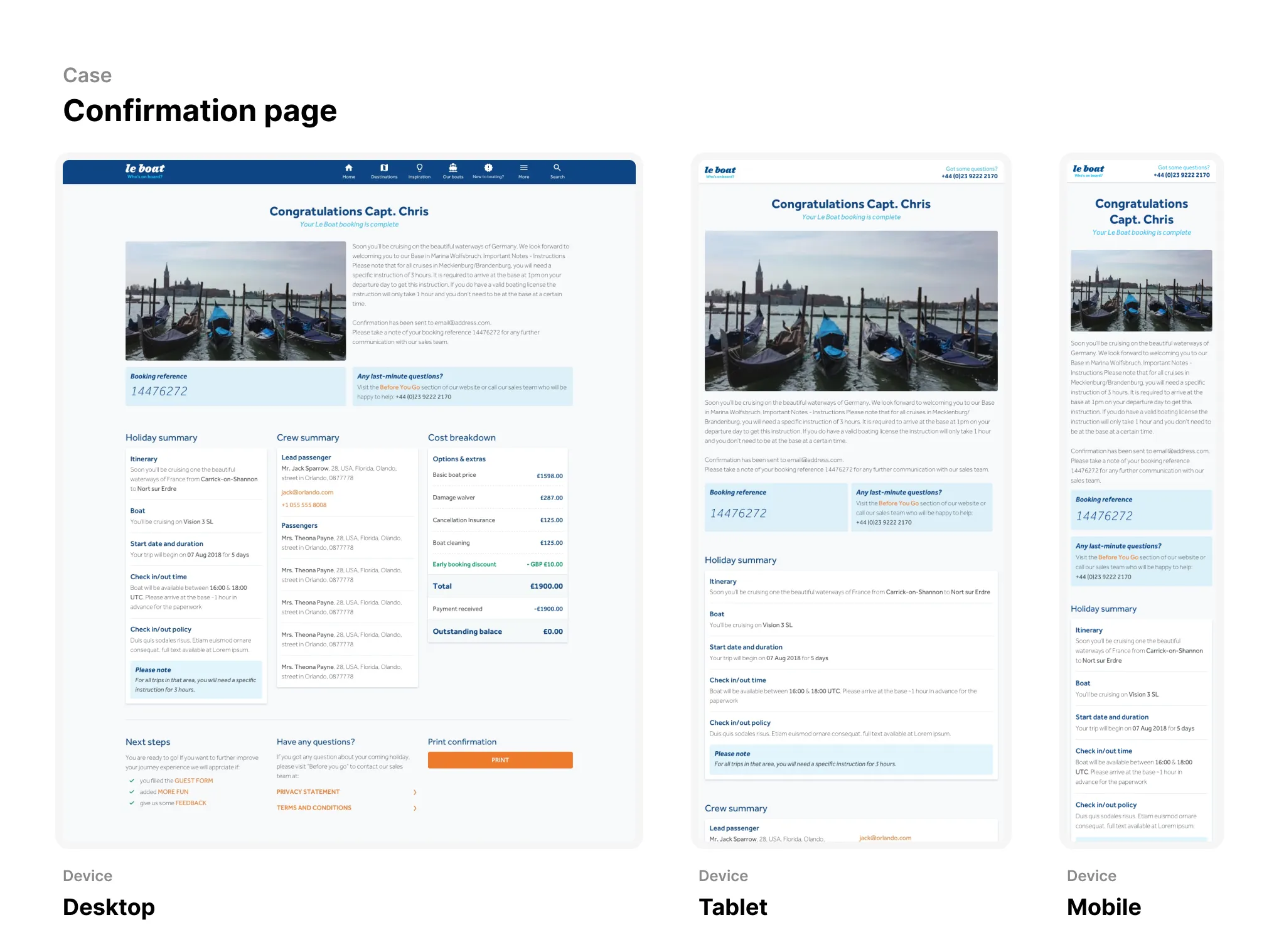 LeBoat — Case 3: Responsive confirmation page